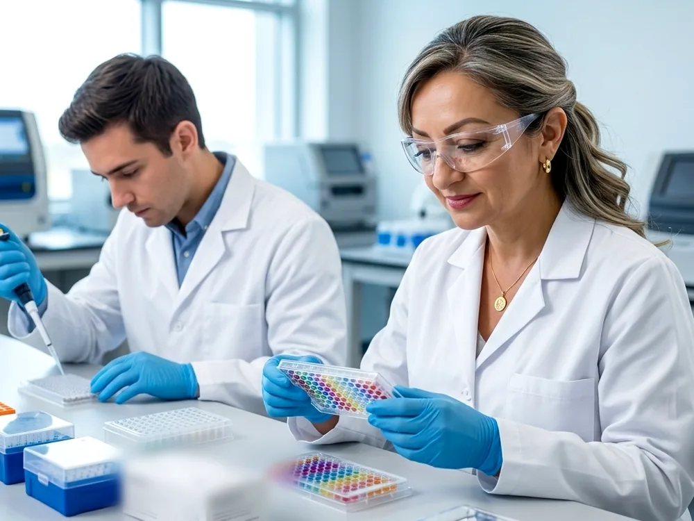 Genetistas analizando muestras de ADN para una prueba de paternidad en Colombia