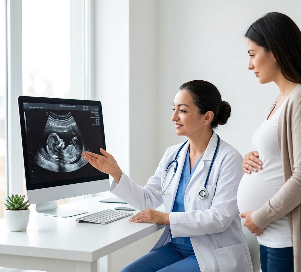 Mujer embarazada en consulta médica para una prueba de paternidad prenatal No invasiva