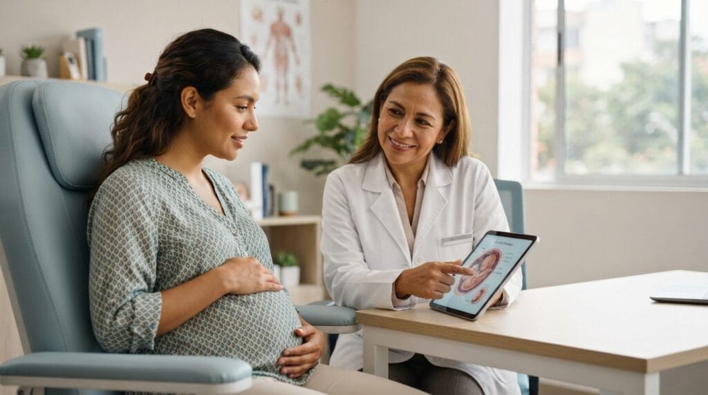 Gestante recibe asesoría médica sobre el test prenatal no invasivo en el consultorio